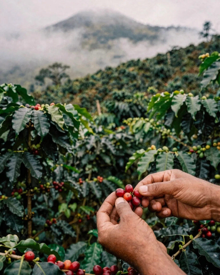 Wide panoramic view of coffee plantations in the Andean mist, hands carefully harvesting ripe red coffee cherries, soft